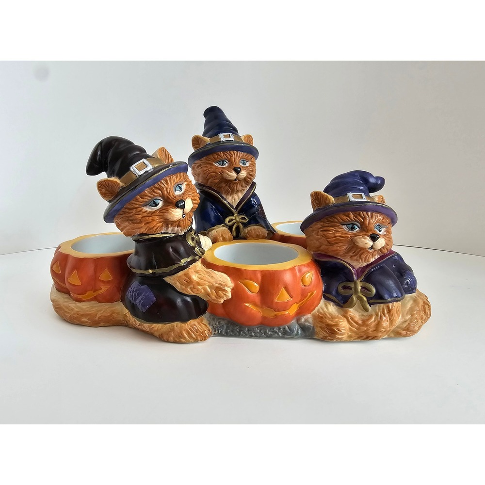 Trio Cat Witches & Pumpkins Tea Light Candle Holder - PartyLite Abracadandle